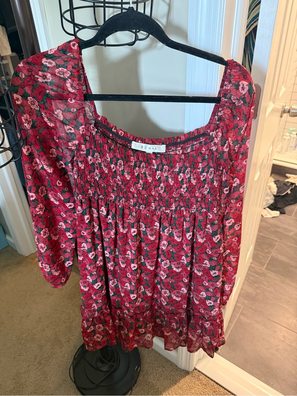 Row A Floral Smocked Burgundy Peasant Tunic